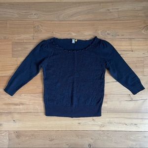 Knitted & Knotted: 3/4 Length Floral Knit Sweater with Decorative Neckline